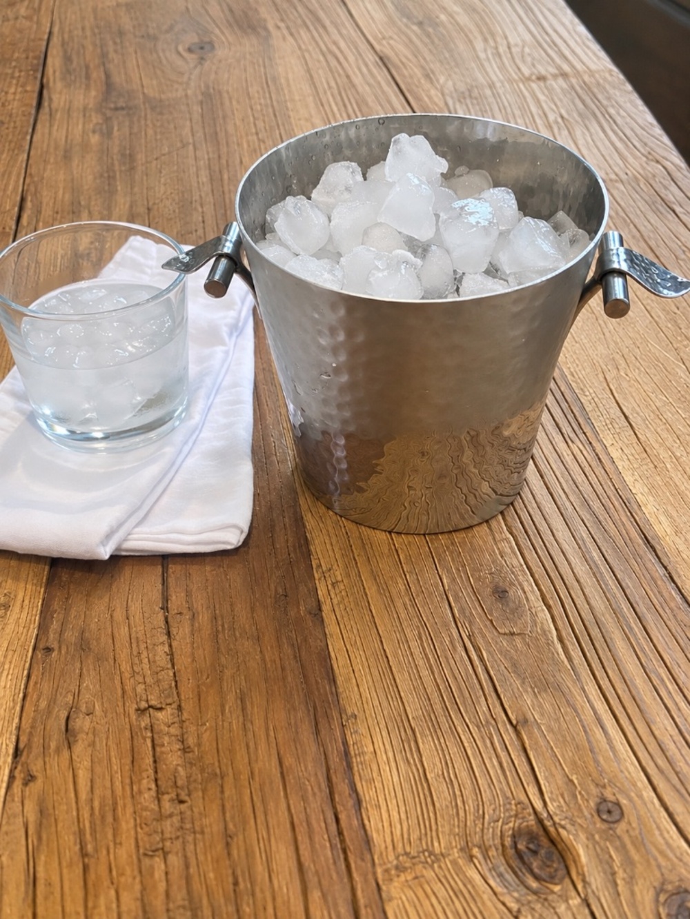 Mary Jurek Hammered Stainless Steel Ice Bucket Leaf Handles Designer Barware
